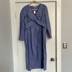 LOFT Blue and White Striped Long Sleeve Dress Twisted Midi NO BELT NWT size 12
